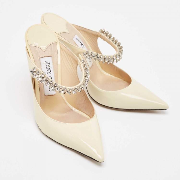 Pre Owned Jimmy Choo White Patent Leather Crystal Embellished Bing Pointed Toe Mules Size 37