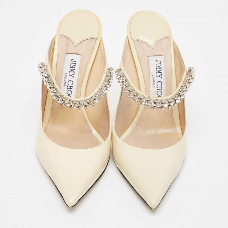 Pre Owned Jimmy Choo White Patent Leather Crystal Embellished Bing Pointed Toe Mules Size 37