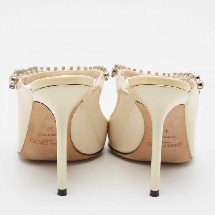 Pre Owned Jimmy Choo White Patent Leather Crystal Embellished Bing Pointed Toe Mules Size 37