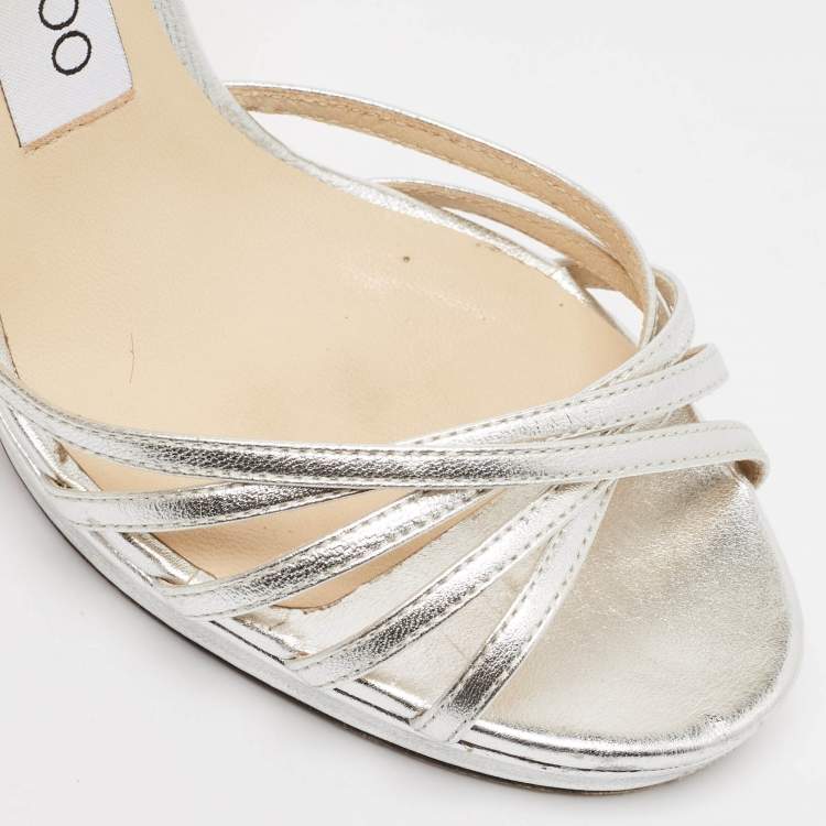 Pre Owned Jimmy Choo Silver Leather Lilah Ankle Strap Sandals Size 35.5
