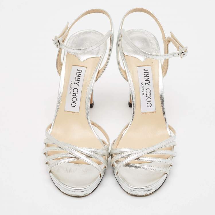 Pre Owned Jimmy Choo Silver Leather Lilah Ankle Strap Sandals Size 35.5