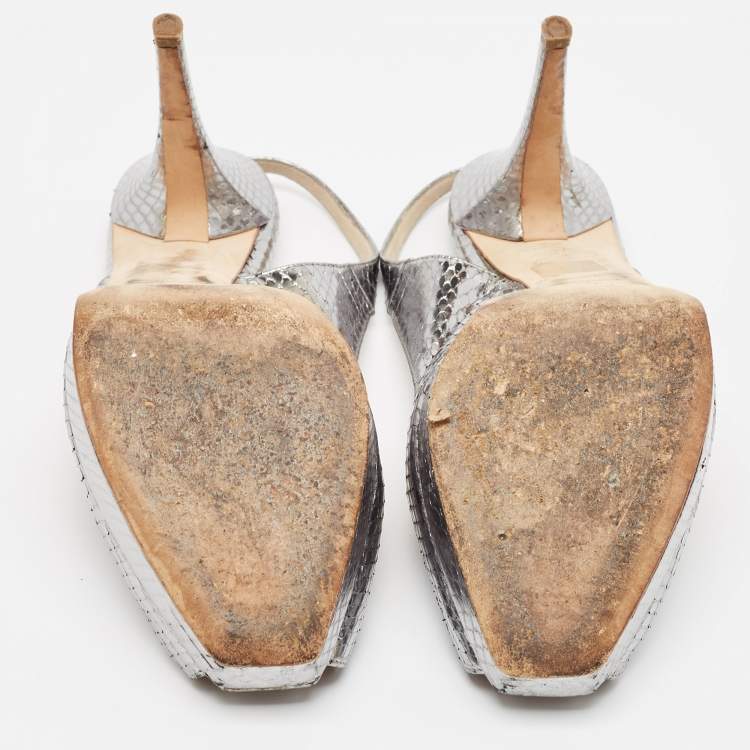 Pre Owned Jimmy Choo Metallic Snakeskin Embossed Leather Platform Slingback Sandals Size 42