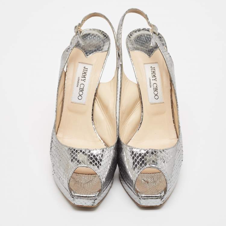 Pre Owned Jimmy Choo Metallic Snakeskin Embossed Leather Platform Slingback Sandals Size 42