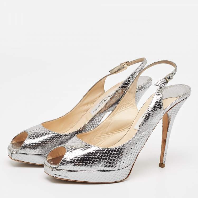 Pre Owned Jimmy Choo Metallic Snakeskin Embossed Leather Platform Slingback Sandals Size 42