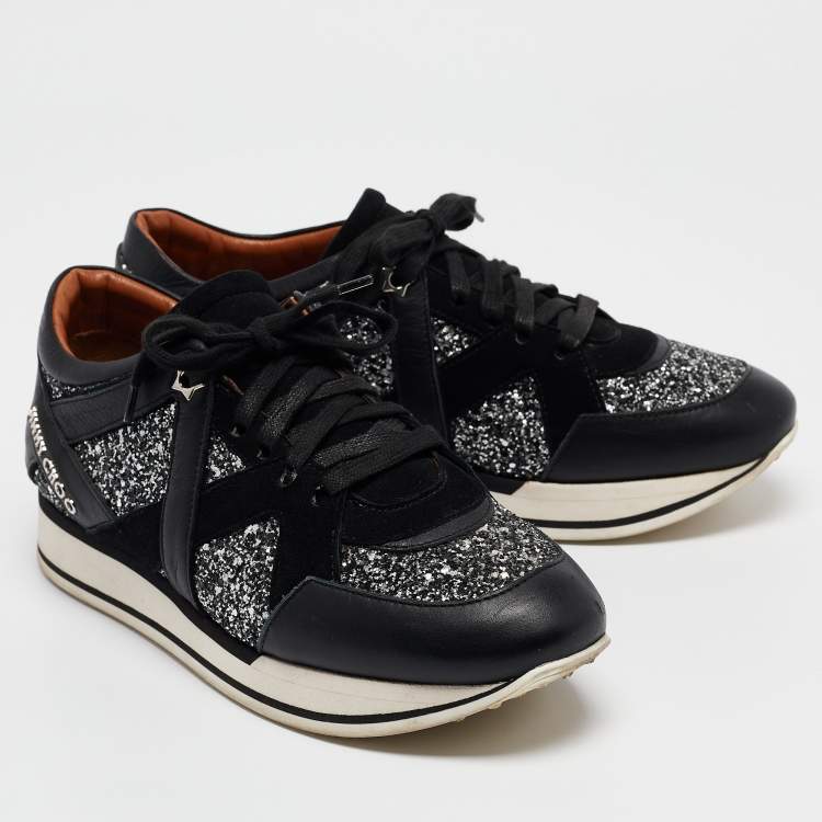 Pre Owned Jimmy Choo Black Glitter and Suede Low Top Sneakers 39