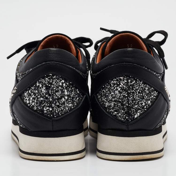 Pre Owned Jimmy Choo Black Glitter and Suede Low Top Sneakers 39