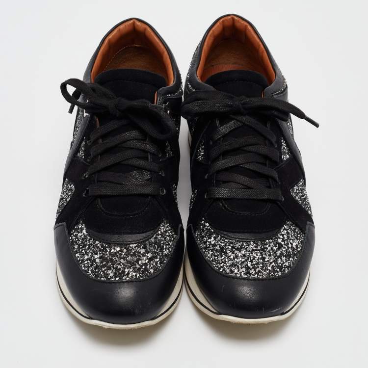 Pre Owned Jimmy Choo Black Glitter and Suede Low Top Sneakers 39
