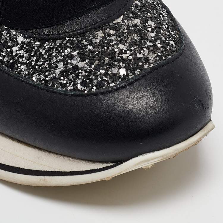 Pre Owned Jimmy Choo Black Glitter and Suede Low Top Sneakers 39