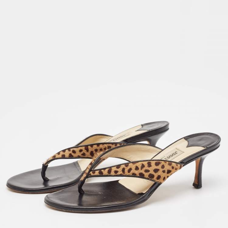 Pre Owned Jimmy Choo Brown Leopard Calf Hair and Leather Thong Sandals Size 37.5