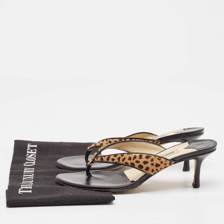 Pre Owned Jimmy Choo Brown Leopard Calf Hair and Leather Thong Sandals Size 37.5