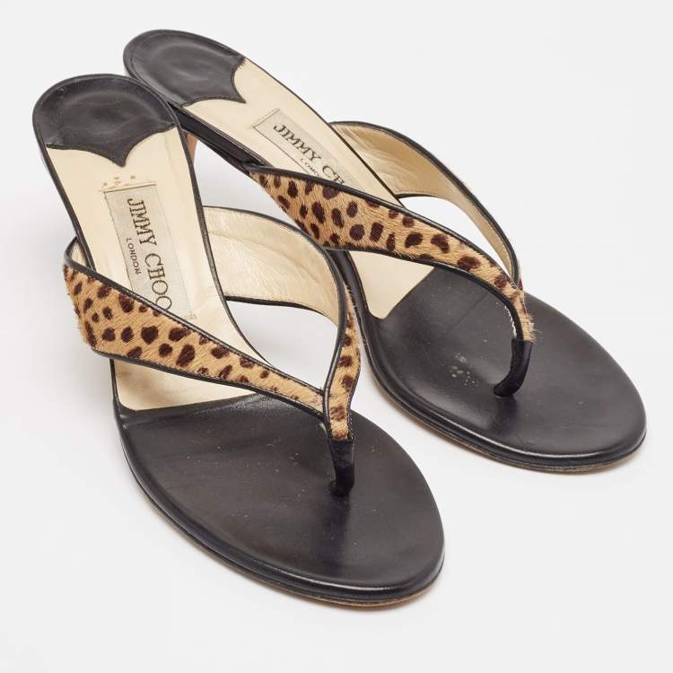 Pre Owned Jimmy Choo Brown Leopard Calf Hair and Leather Thong Sandals Size 37.5