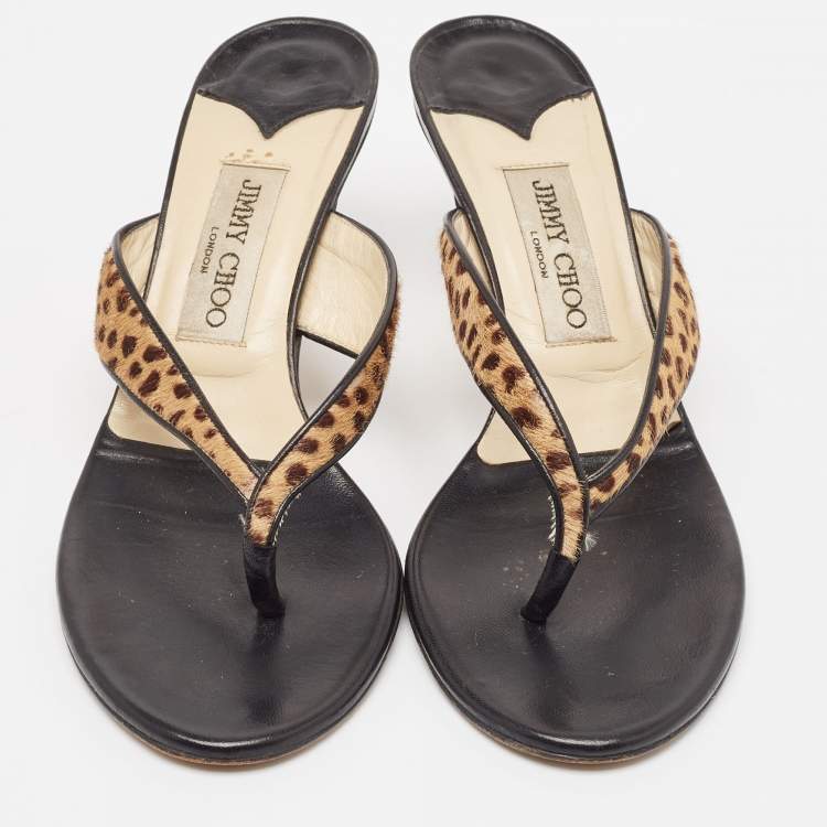 Pre Owned Jimmy Choo Brown Leopard Calf Hair and Leather Thong Sandals Size 37.5