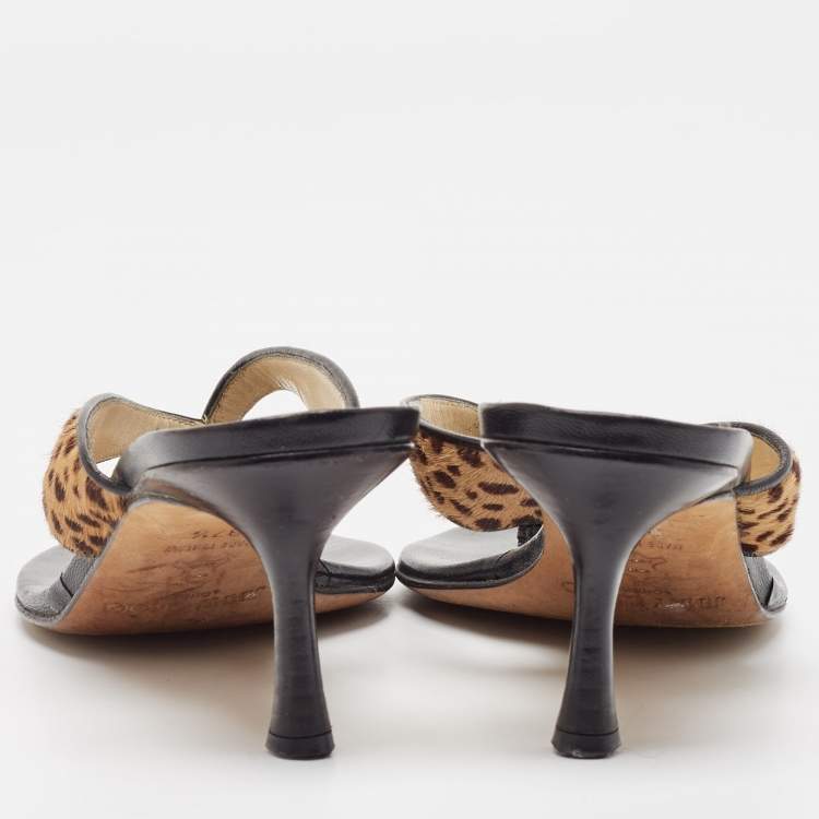 Pre Owned Jimmy Choo Brown Leopard Calf Hair and Leather Thong Sandals Size 37.5