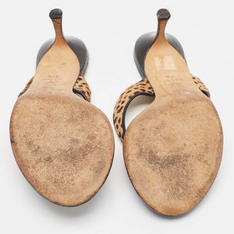 Pre Owned Jimmy Choo Brown Leopard Calf Hair and Leather Thong Sandals Size 37.5