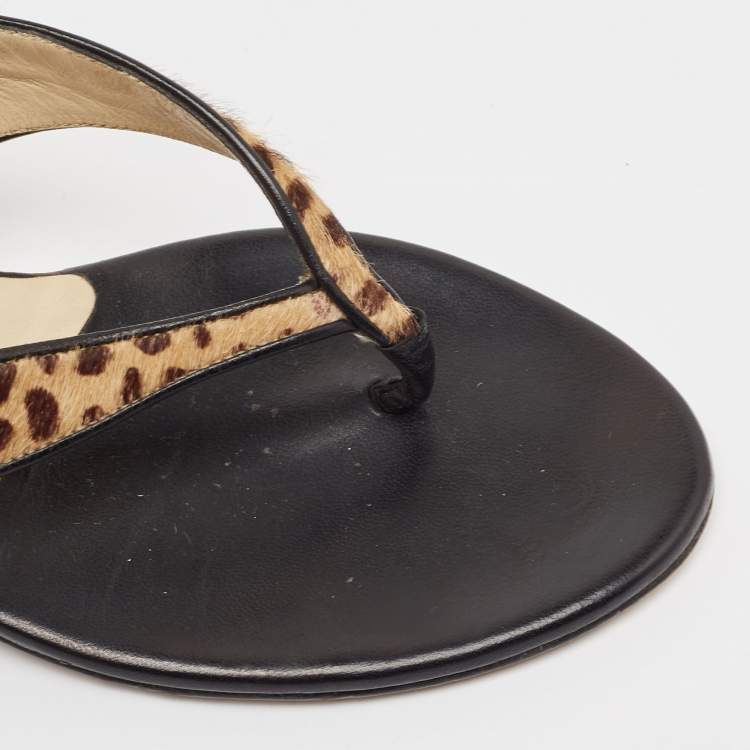 Pre Owned Jimmy Choo Brown Leopard Calf Hair and Leather Thong Sandals Size 37.5