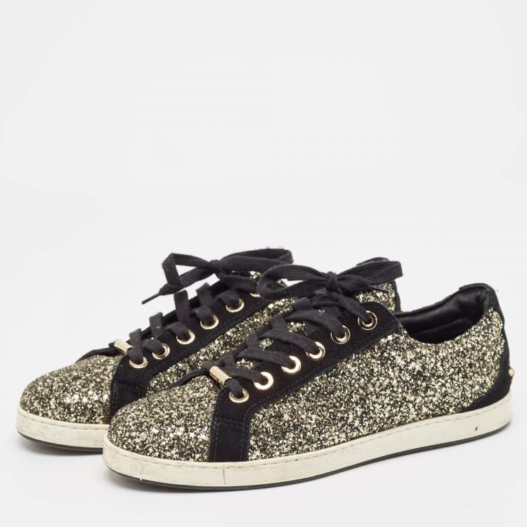 Pre Owned Jimmy Choo Gold/Black Glitter and Suede Lace Up Sneakers 41