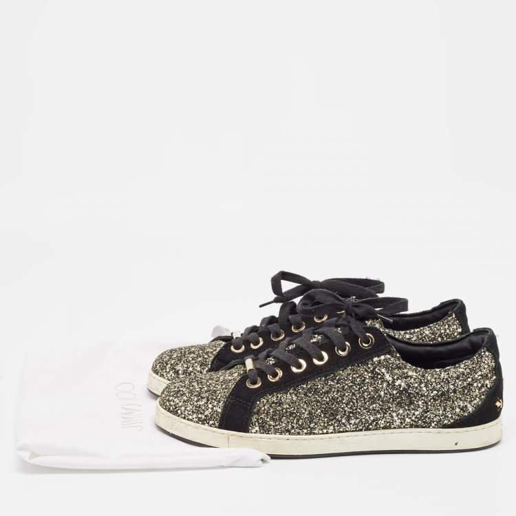 Pre Owned Jimmy Choo Gold/Black Glitter and Suede Lace Up Sneakers 41