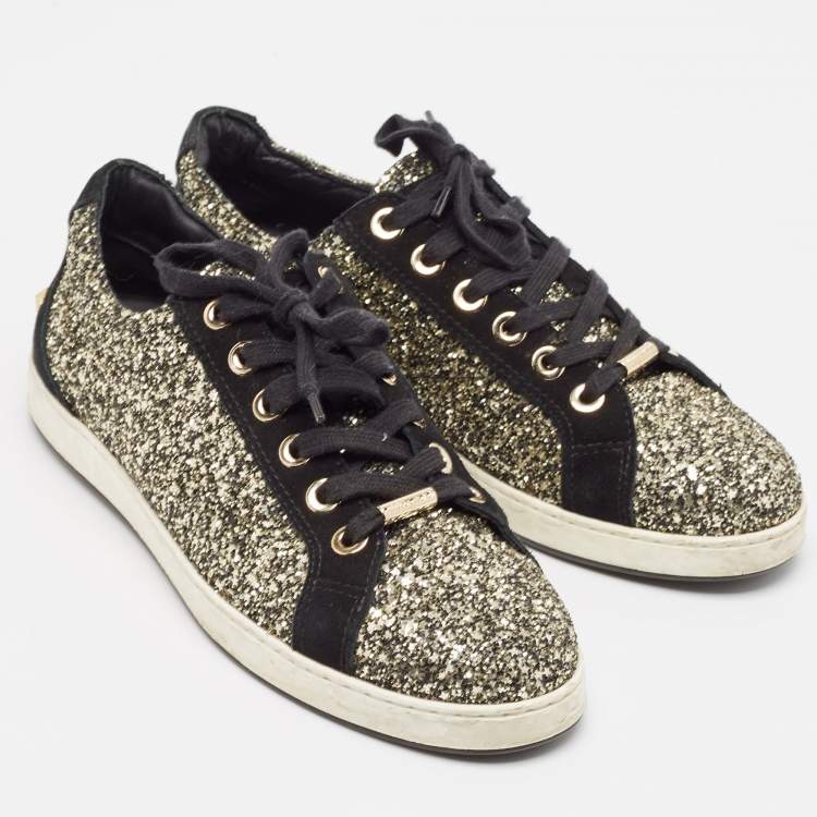 Pre Owned Jimmy Choo Gold/Black Glitter and Suede Lace Up Sneakers 41