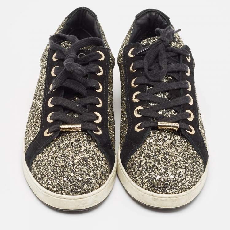 Pre Owned Jimmy Choo Gold/Black Glitter and Suede Lace Up Sneakers 41