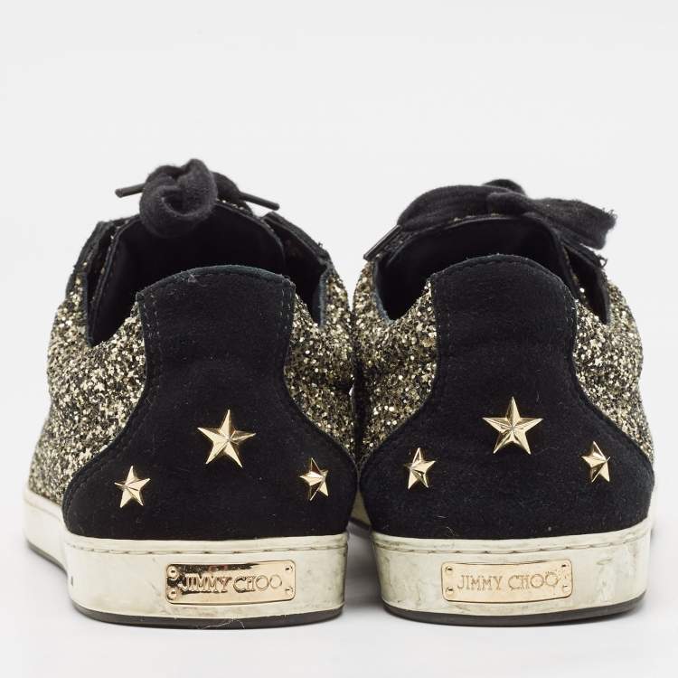 Pre Owned Jimmy Choo Gold/Black Glitter and Suede Lace Up Sneakers 41