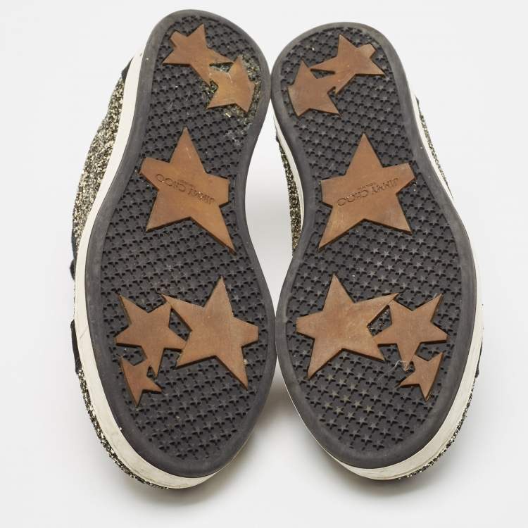 Pre Owned Jimmy Choo Gold/Black Glitter and Suede Lace Up Sneakers 41