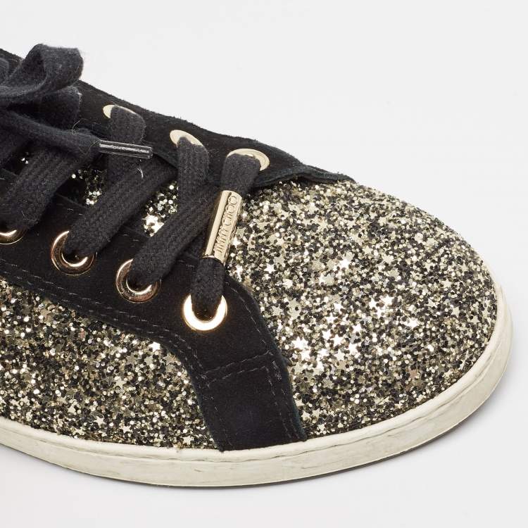 Pre Owned Jimmy Choo Gold/Black Glitter and Suede Lace Up Sneakers 41