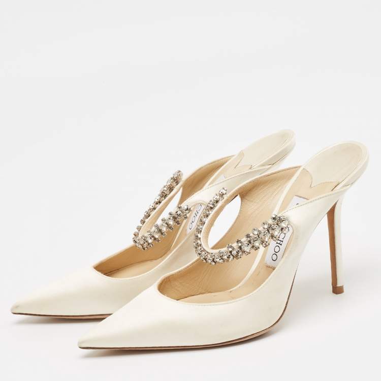 Pre Owned Jimmy Choo Off-White Satin Crystal Embellished Bing Mules Size 39