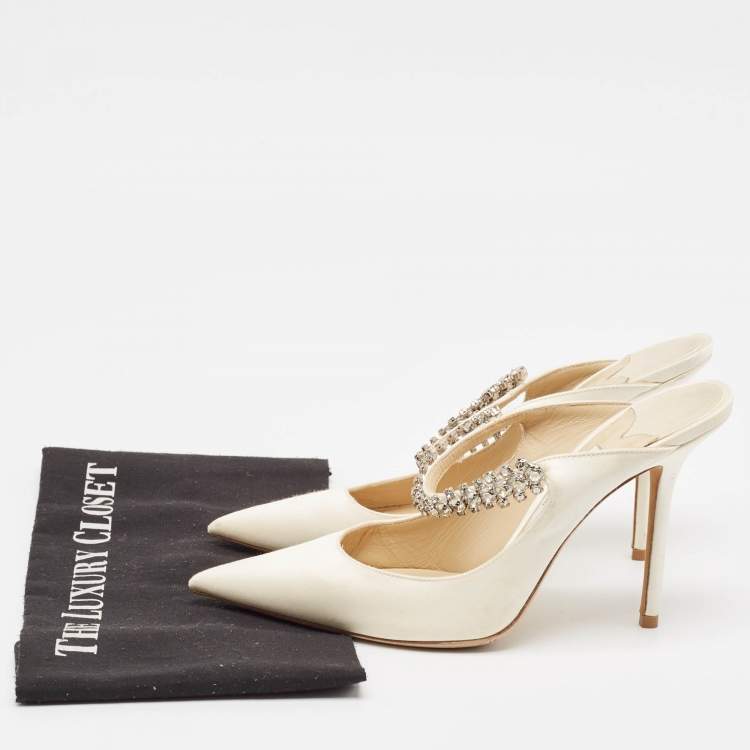 Pre Owned Jimmy Choo Off-White Satin Crystal Embellished Bing Mules Size 39