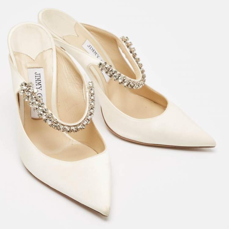Pre Owned Jimmy Choo Off-White Satin Crystal Embellished Bing Mules Size 39