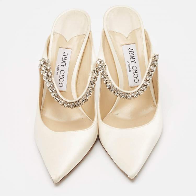 Pre Owned Jimmy Choo Off-White Satin Crystal Embellished Bing Mules Size 39