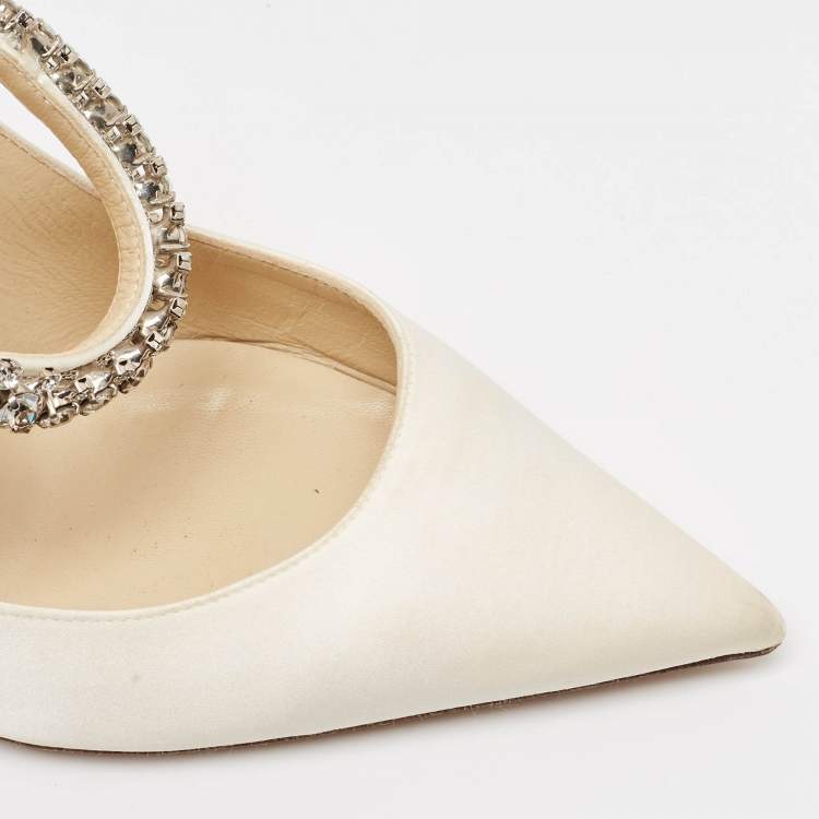 Pre Owned Jimmy Choo Off-White Satin Crystal Embellished Bing Mules Size 39