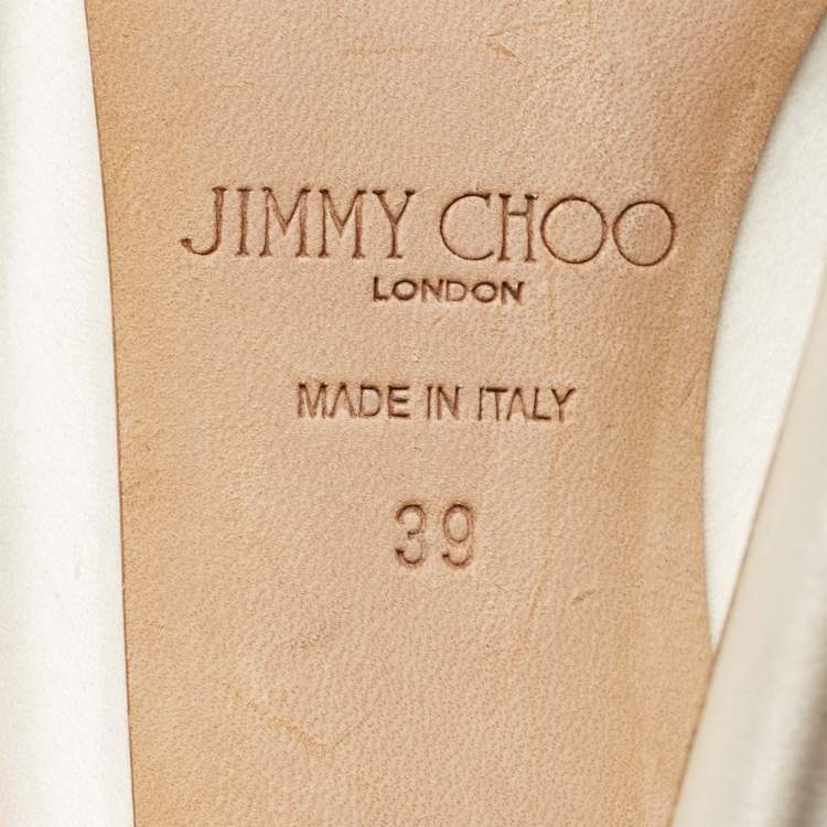 Pre Owned Jimmy Choo Off-White Satin Crystal Embellished Bing Mules Size 39