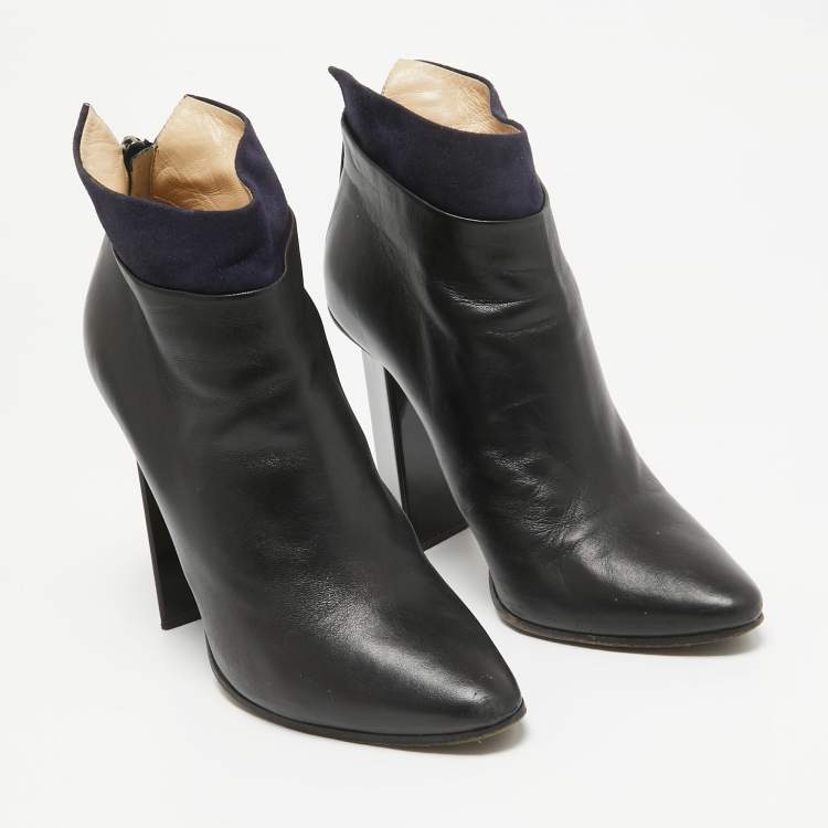 Pre Owned Jimmy Choo Black/Navy Blue  Leather and Suede Ankle Length Boots Size 38.5