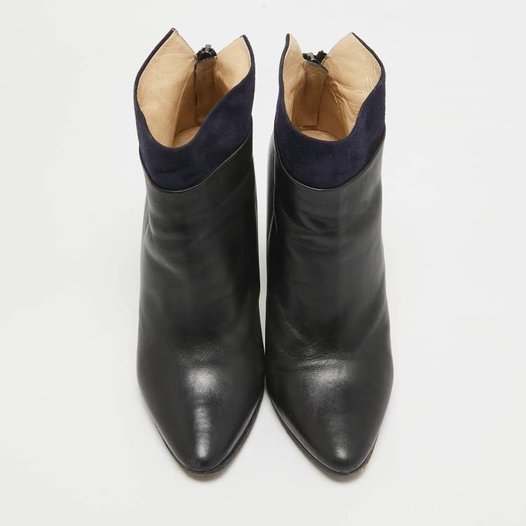 Pre Owned Jimmy Choo Black/Navy Blue  Leather and Suede Ankle Length Boots Size 38.5