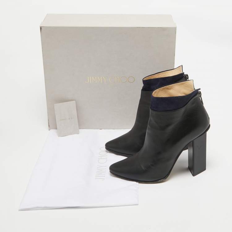 Pre Owned Jimmy Choo Black/Navy Blue  Leather and Suede Ankle Length Boots Size 38.5