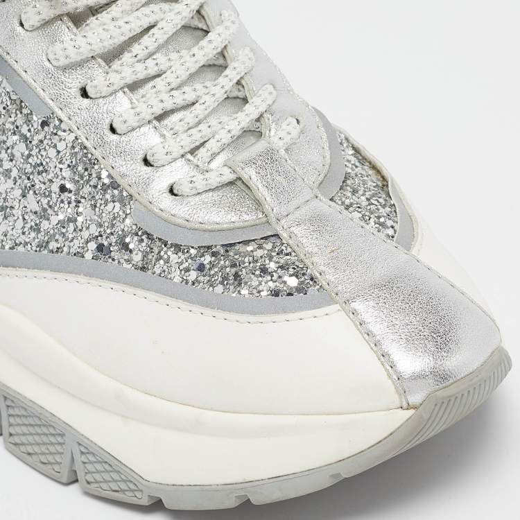 Pre Owned Jimmy Choo Silver/White Leather and Glitter Raine Lace Up Sneakers Size 41
