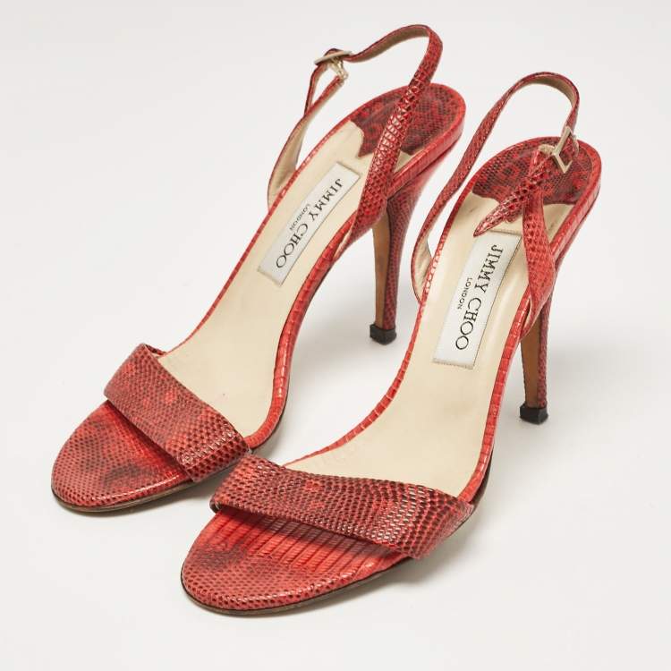 Pre Owned Jimmy Choo Red Embossed Lizard Slingback Sandals Size 39