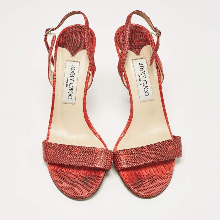 Pre Owned Jimmy Choo Red Embossed Lizard Slingback Sandals Size 39