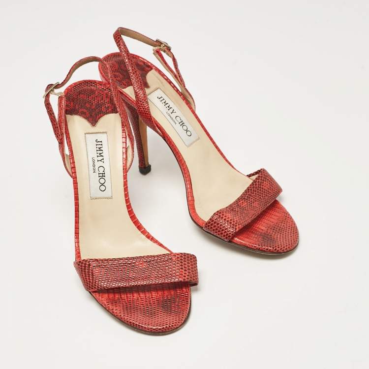 Pre Owned Jimmy Choo Red Embossed Lizard Slingback Sandals Size 39