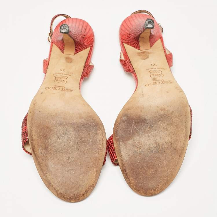 Pre Owned Jimmy Choo Red Embossed Lizard Slingback Sandals Size 39