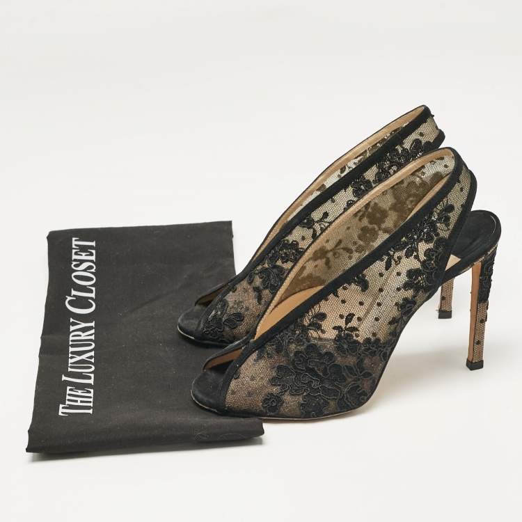 Pre Owned Jimmy Choo Black Lace Shar Slingback Pumps Size 37.5