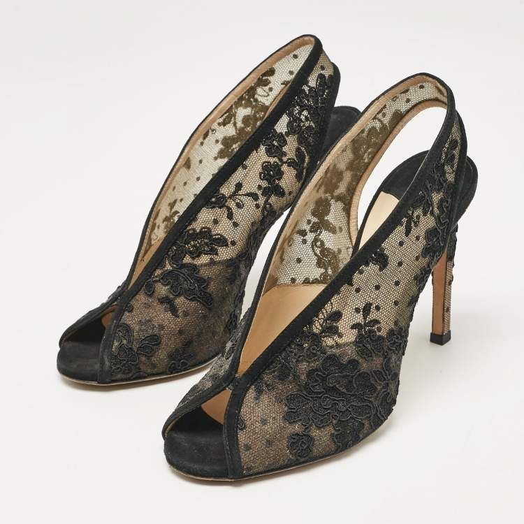 Pre Owned Jimmy Choo Black Lace Shar Slingback Pumps Size 37.5