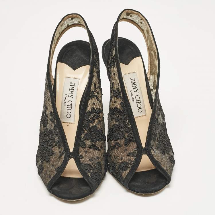 Pre Owned Jimmy Choo Black Lace Shar Slingback Pumps Size 37.5