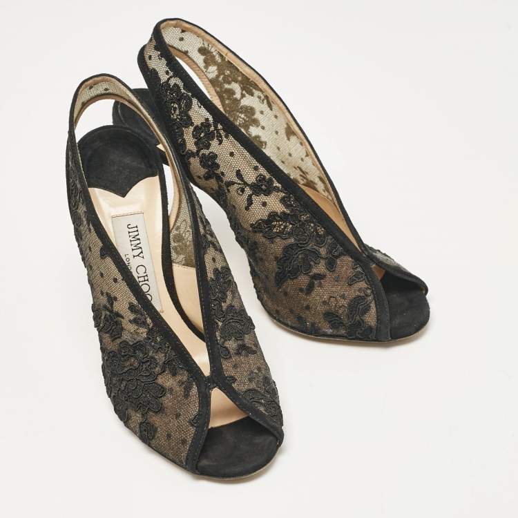Pre Owned Jimmy Choo Black Lace Shar Slingback Pumps Size 37.5