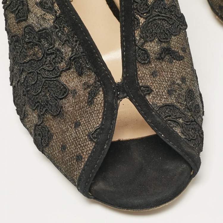 Pre Owned Jimmy Choo Black Lace Shar Slingback Pumps Size 37.5