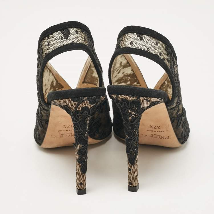 Pre Owned Jimmy Choo Black Lace Shar Slingback Pumps Size 37.5