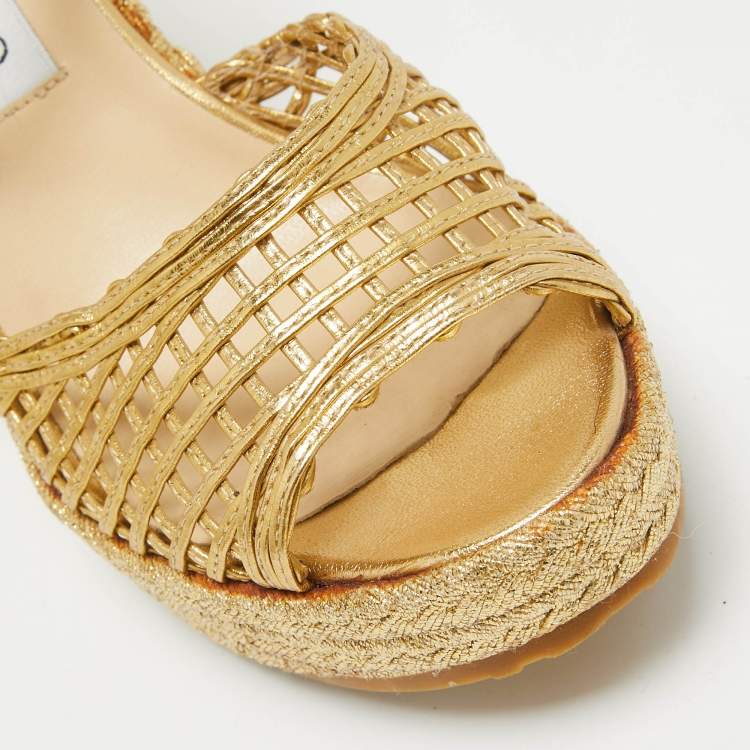 Pre Owned Jimmy Choo Gold Leather Platform Wedge Ankle Strap Sandals Size 39.5