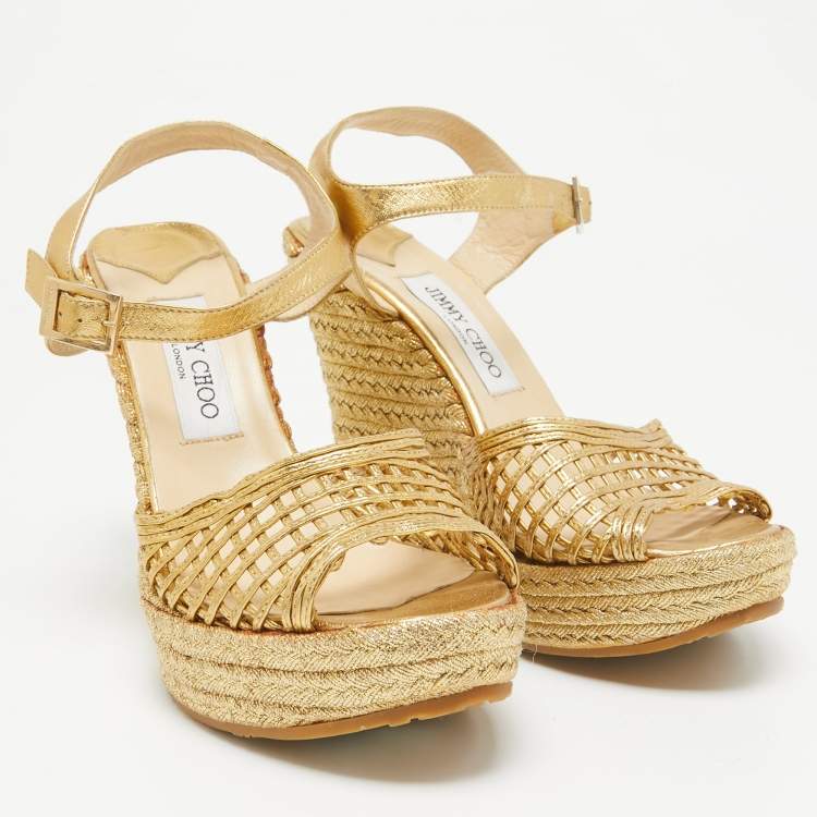 Pre Owned Jimmy Choo Gold Leather Platform Wedge Ankle Strap Sandals Size 39.5
