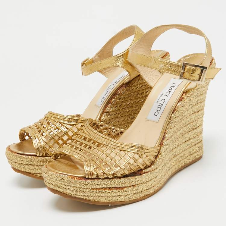 Pre Owned Jimmy Choo Gold Leather Platform Wedge Ankle Strap Sandals Size 39.5