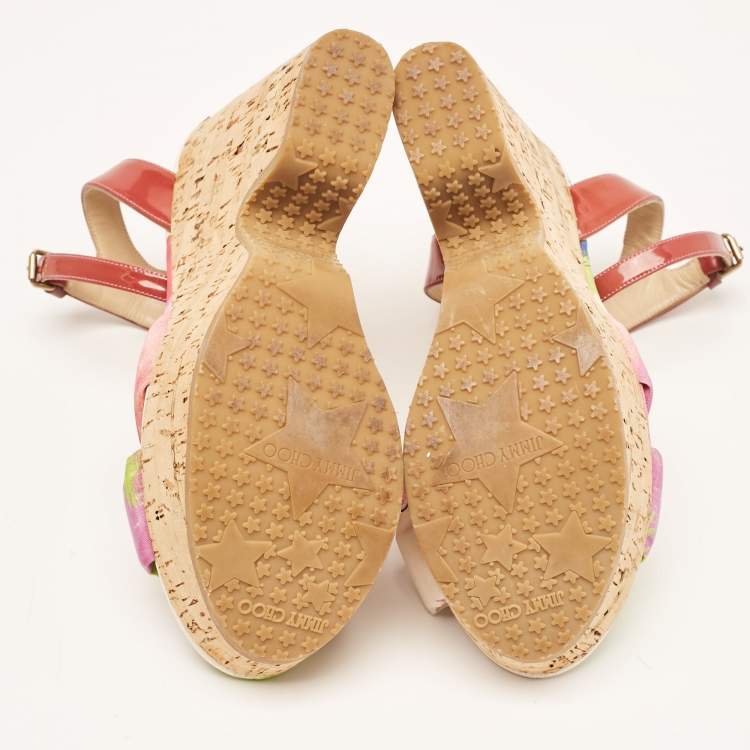 Pre Owned Jimmy Choo Red Patent Leather and Gleam Printed Fabric Cork Wedge Sandals Size 38.5